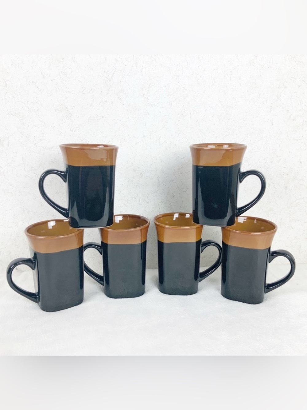 Royal Norfolk 6 Fine Stoneware Tall Latte Coffee Mugs Black Brown Boho 14 oz